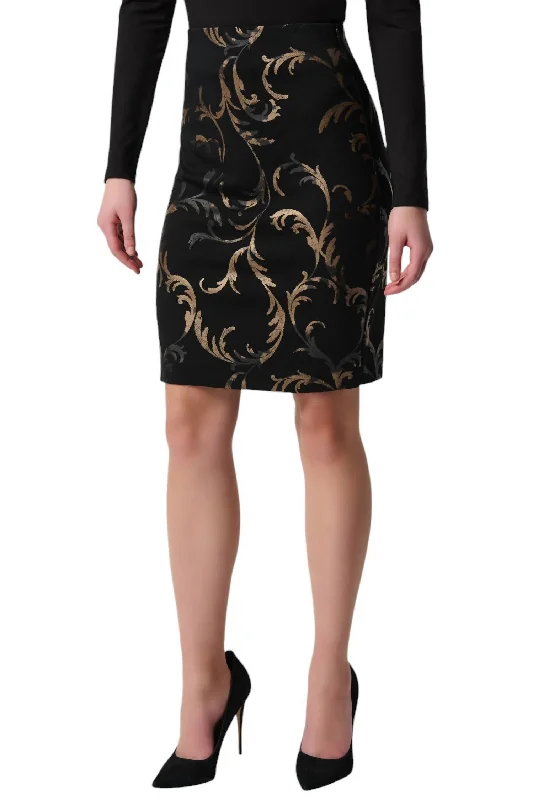 midi pleated skirts -Baroque Print Skirt In Black/gold