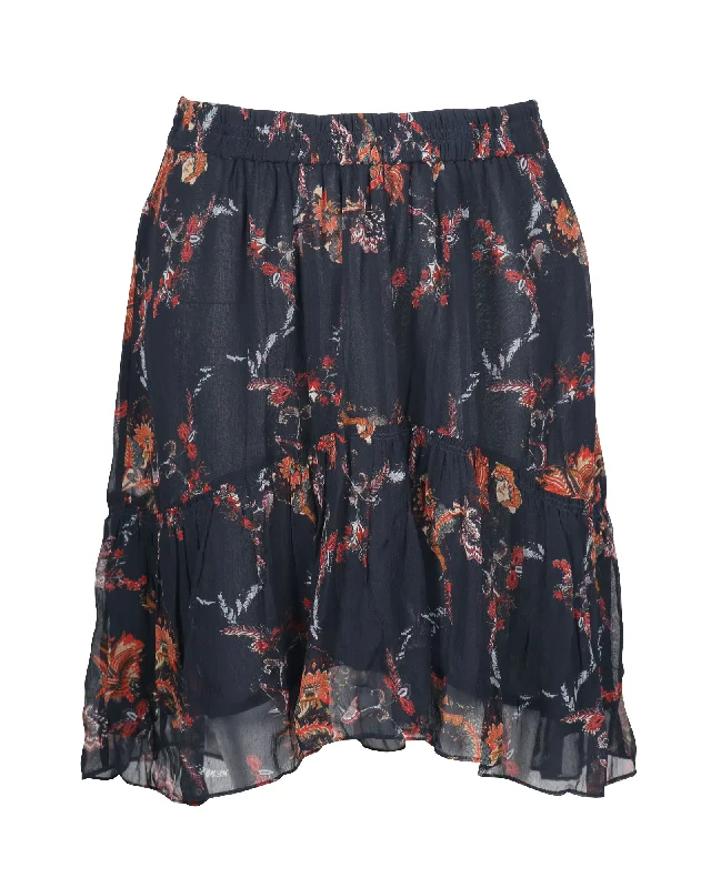 mini skirts trendy women -Iro Floral Tiered Midi Skirt in Black Viscose