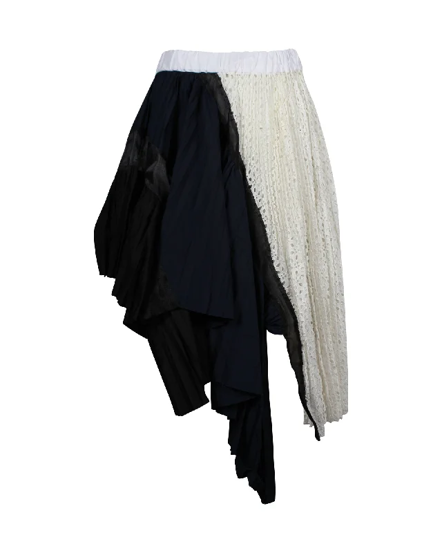 plaid skirts preppy look -Sacai Lace Pleated Asymmetric Deconstructed Skirt in Multicolor Cotton Blend