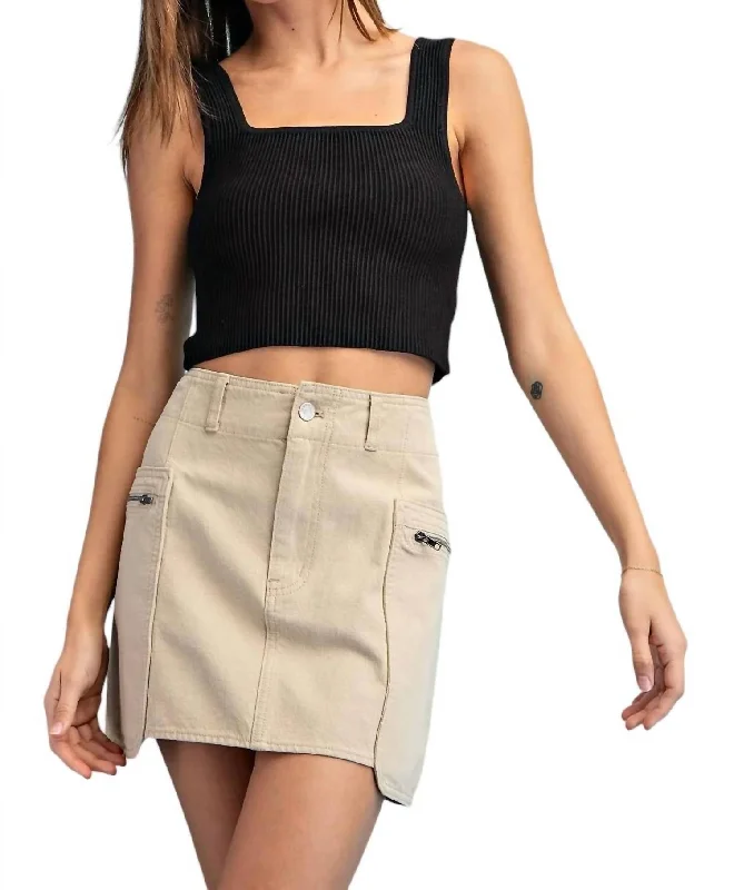 tulle denim skirts -Stone Washed Mini Cargo Skirt In Taupe