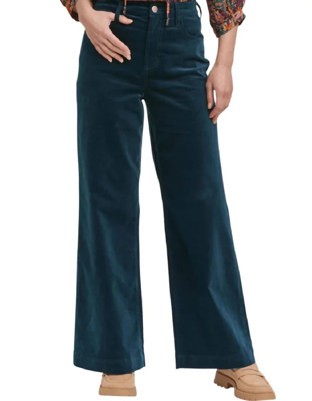 plus size cargo pants -Audrey Full Inseam Wide Leg Pants In Teal Velveteen