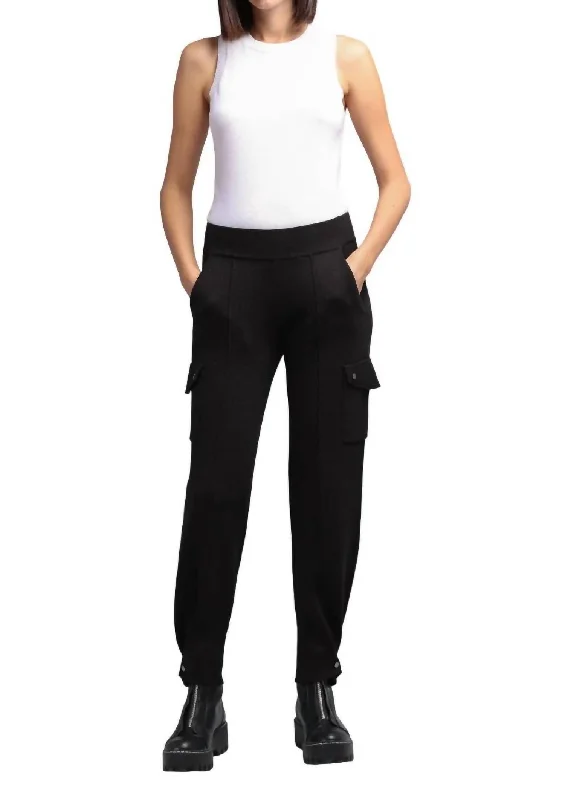 bell bottom yoga pants -Cotton Blend Pleated Snap Leg Pant In Black