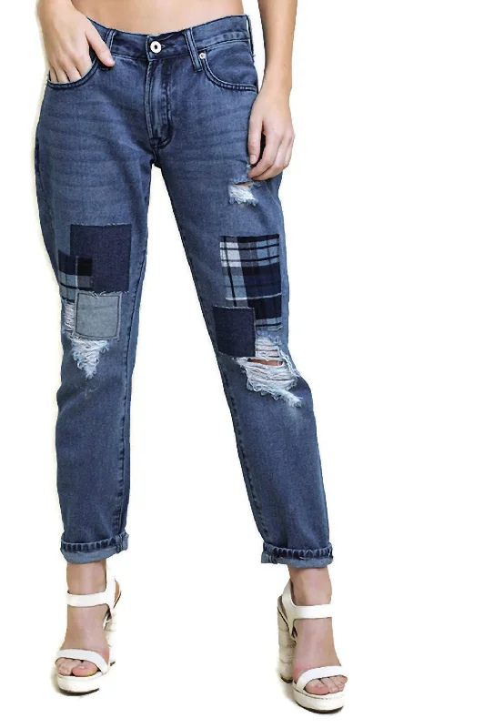 stretch yoga pants women -Distressed Patchwork Boyfriend Jean In Dark Denim