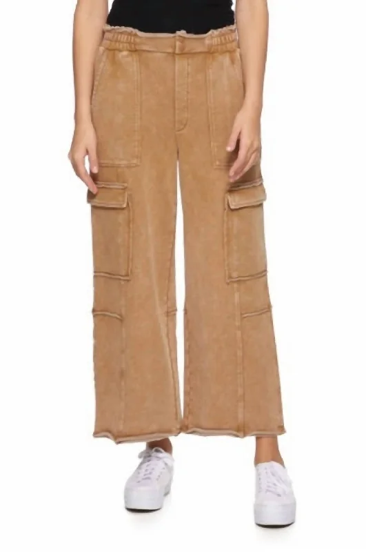 khaki yoga pants casual -Dolly Vintage Washed Knit Cargo Pants In Brown