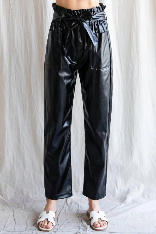 faded chinos pants -Faux Leather Belted Waist Pants In Black