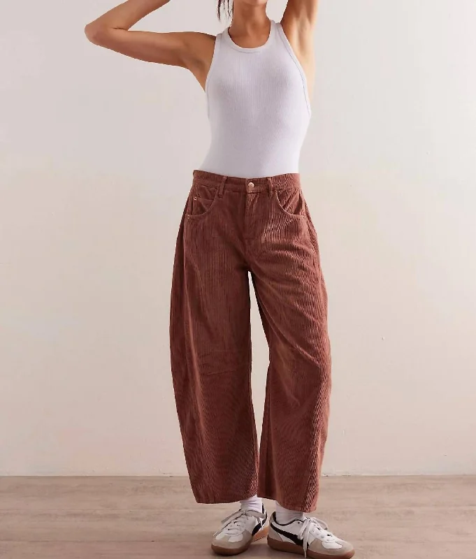 patterned pants bold design -Good Luck Mid-Rise Cord Barrel Jean In Emparardo