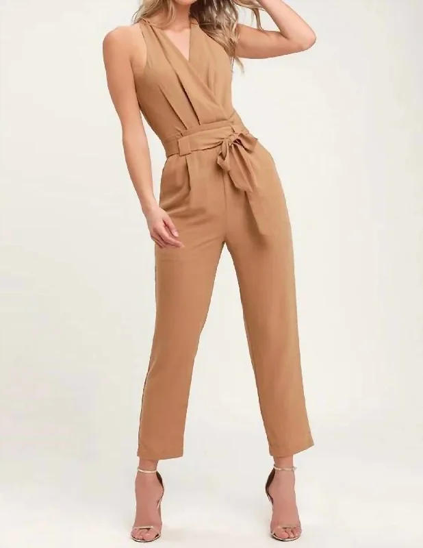 bell bottom yoga pants -Halter Neck Belted Jumpsuit In Camel