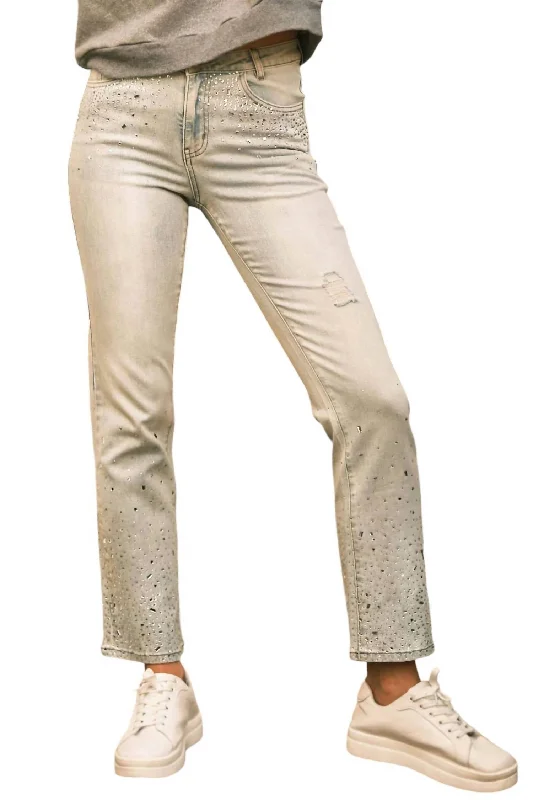 straight sweatpants classic -High Waisted Rhinestone Embellishment Detail Denim In Light Wash