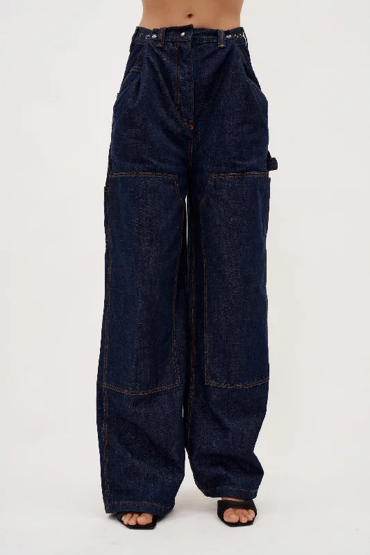 comfy denim pants -Loose Leg Industrial Denim Navy Pants