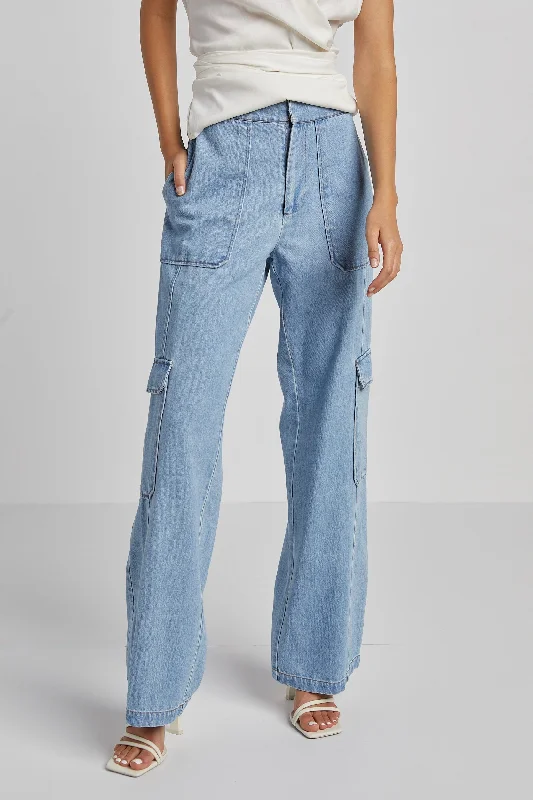 tapered sweatpants sleek -Nolan High Waisted Slightly Wide Leg Denim Cargo Pant