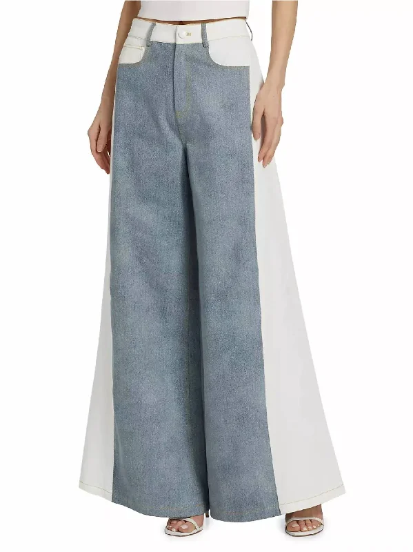 waterproof pants for hiking -Perrie Colorblocked Flared Jeans In White Blue Denim