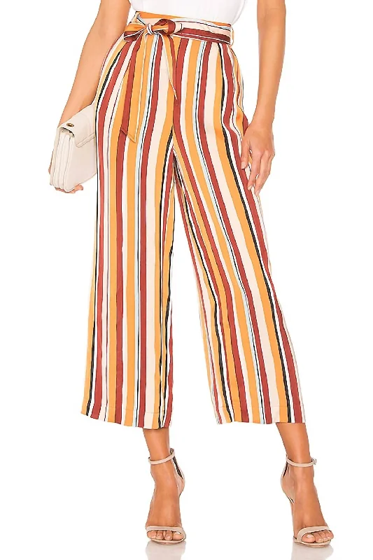 skinny pants trendy look -Striped Satin Belted Wide Leg Crop Pants In Multicolor