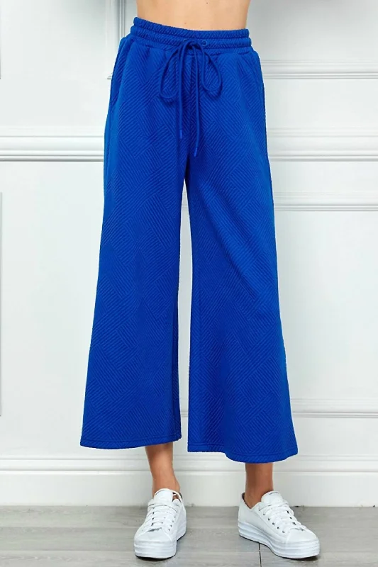 compression skinny pants gym -Textured Cropped Wide Pant In Royal Blue