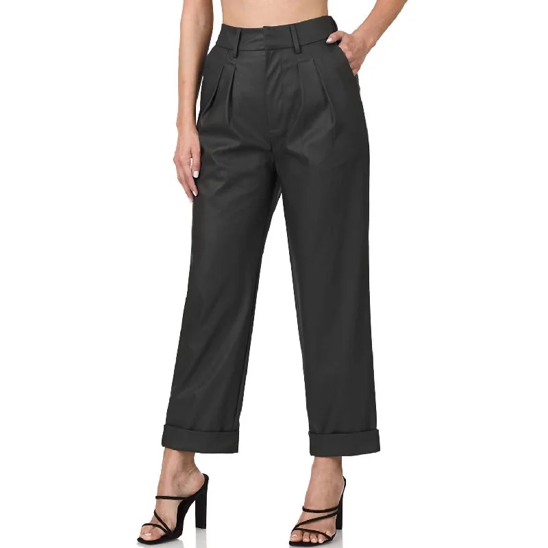 straight denim pants women -Vegan Leather Pleat Front Pants In Black