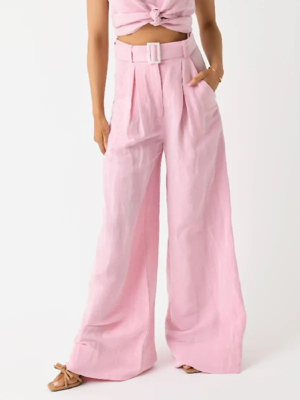 soft leather pants -Wide Leg Pleated Pant In Pink Viscose Linen