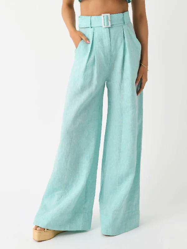 waterproof wide leg pants -Wide Leg Pleated Pant In Seafoam Melange Linen