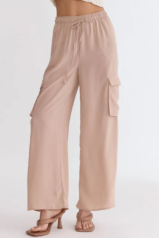 linen cargo pants -Women's Wide Leg Cargo Pants In Light Taupe